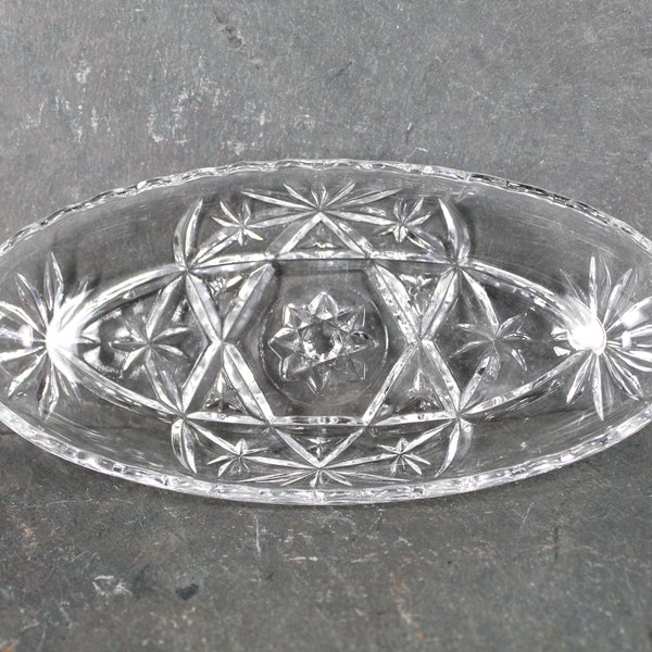 Anchor Hocking Clear Boat Glass Dish | Candy/Relish Oblong Dish or Trinket Dish | Pressed Glass Starburst Pattern | Bixley Shop