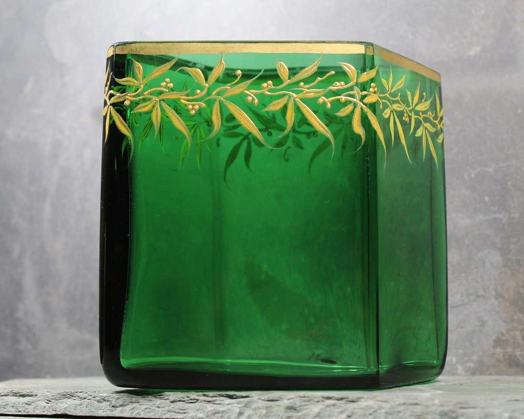 Vintage Painted Glass Vase Emerald Green and Gold Vase Etsy