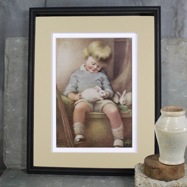 Annie Benson Muller Illustration Child with Bunnies | 1920s Vintage Art | Matted and Framed to Fit Standard 8x10" Frame | UNFRAMED