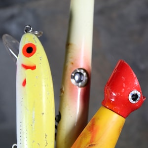 Set of 3 Vintage Large Fishing Lures | Circa 1950s | 1 Wooden and 2 Plastic Large Fishing Lures  | Bixley Shop