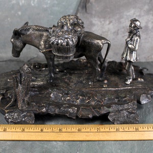RARE Antique Inkwell Bronze & Silver Inkwell/Stand Mule Ink Well w/Silver Saddle and Market Goods Man Herding Donkey Silver Saddlebags image 10