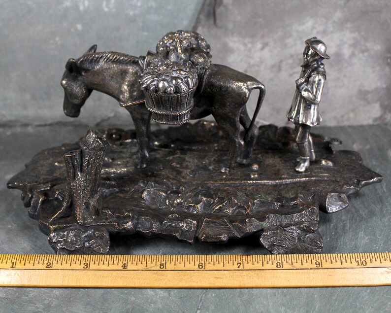 RARE Antique Inkwell Bronze & Silver Inkwell/Stand Mule Ink Well w/Silver Saddle and Market Goods Man Herding Donkey Silver Saddlebags image 10