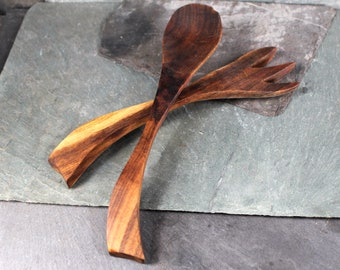 Mid-Century Solid Wood Serving Fork and Spoon | Possibly Walnut | Vintage Table | Bixley Shop