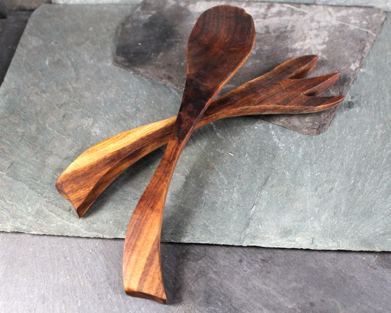 Mid-Century Solid Wood Serving Fork and Spoon Possibly Walnut Vintage Table Bixley Shop image 1