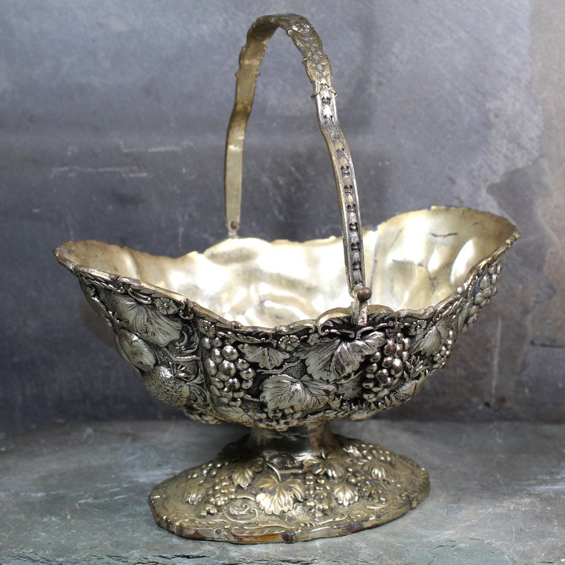 Vintage Ornate Silver-Toned Serving Dish with Handle Fruit Motif Circa 1950s D.T.CO 8103 Made in Japan Thanksgiving Bixley Shop image 1