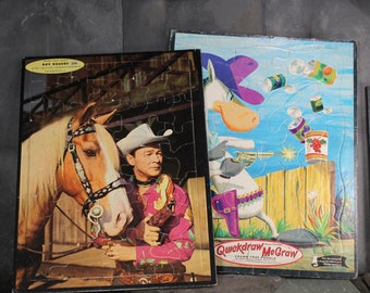 Set of 2 Vintage Frame-Tray Puzzles | Cardboard Interlocking Puzzles | Roy Rogers Puzzle | Quickdraw McGraw Puzzle | Bixley Shop