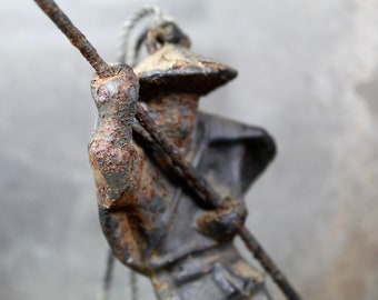 Antique Cast Iron Figure | Asian Fisherman with Pole | Fisherman on Wooden Plank | Distressed Cast Iron Hanging Figurine | Bixley Shop