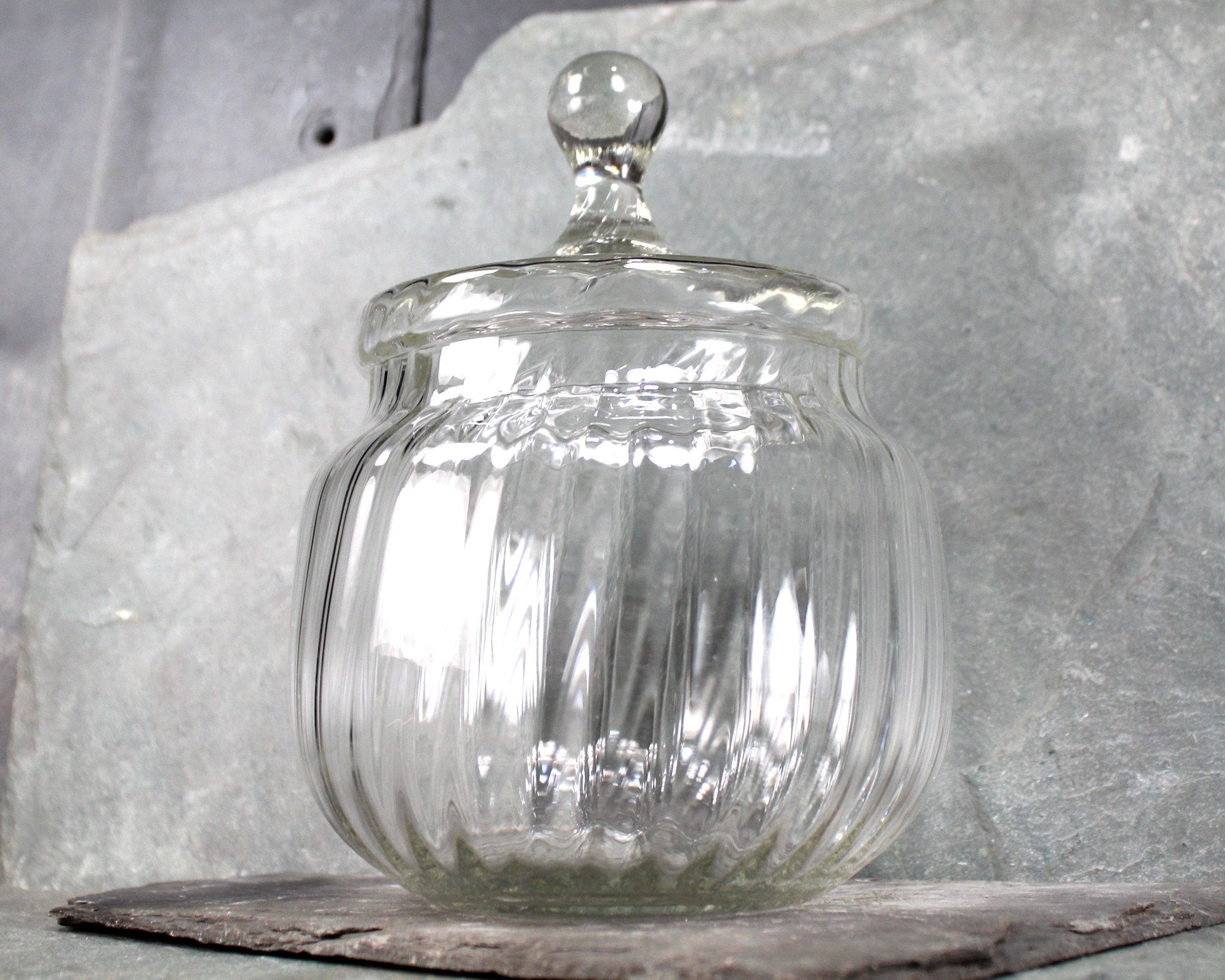 VINTAGE Clear Glass Cookie Jar Pumpkin Shaped 7 Tall *NO LID*