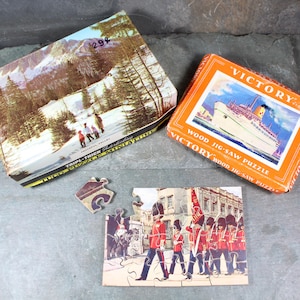 Zestaw 3 puzzli Vintage | 2 drewniane, 1 tekturowa mała układanka | Ocean Liner, Snowy Landscape i Military Parade Themes | Bixley Shop