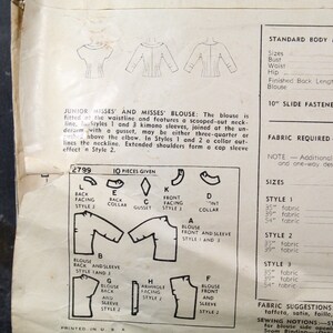 1949 Simplicity 2799 Blouse Pattern Size 12, Bust 30 Cut, Complete Pattern Bixley Shop image 6
