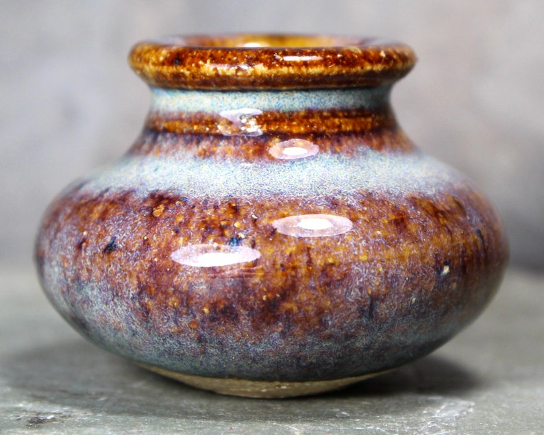 Mini Stoneware Vase Hand Glazed Brown and Pale Blue Glaze Rough Base Folk Art Stoneware Bixley Shop image 8