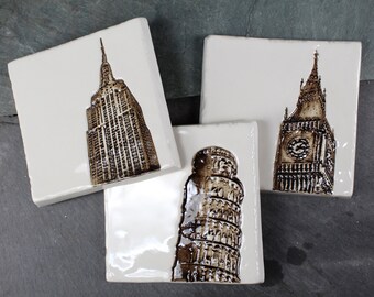 Stoneware Decorative Tiles featuring Empire State Building, Big Ben, and the Leaning Tower of Pisa | RH Stoneware | Circa 1990s