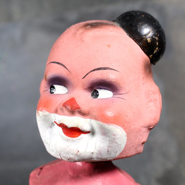 SELTEN! Pappmaché Wind-Up Wackelkopf | 1940er Jahre | Made in US Zone Germany | Antiker Bommelkopf Pink Clown | Bixley Shop
