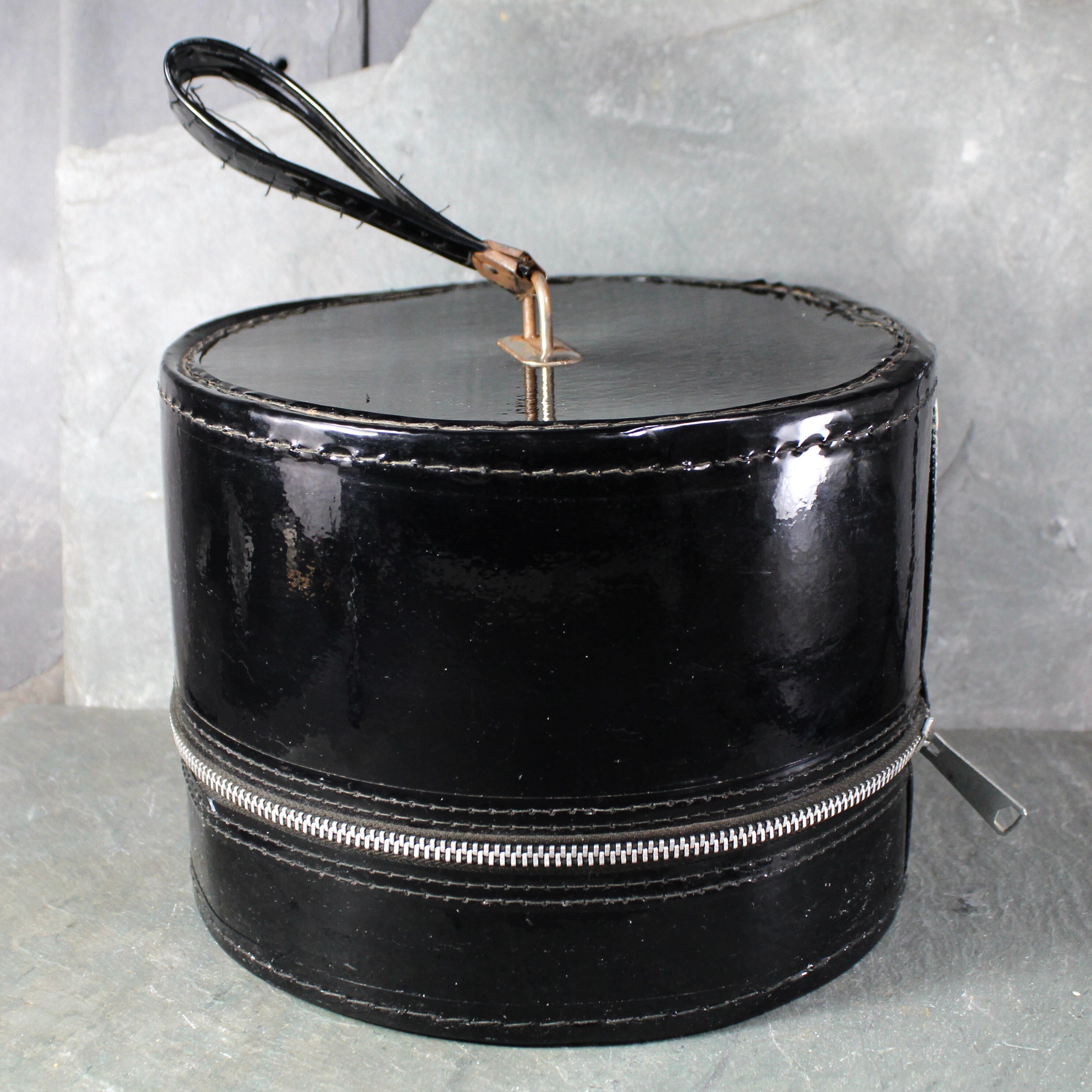 Gorgeous Black Patent Leather Hat Box Travel Bag Retro Chic