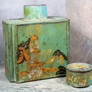 d Antique Chinese Tea Tin Green and Gold Tin with Cap Vintage Tin Bixley Shop zdjęcie 4