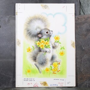 SEHR SELTEN! ORIGINAL Gouache-Malerei von Künstler Fran Ju | 1960er Jahre Original Rost Grußkarte Kunst | Eichhörnchen & Küken im Frühling