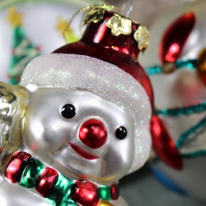 Glass Christmas Ornaments, Circa 1980s - Set of 3 Vintage Christmas Ornaments | Snowman Ornament | Sculpted Glass Ornaments | Bixley Shop