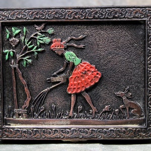 Japanese Metal Box with Wood Lining Made in Japan Girl in Garden Copper Plated Trinket Box Bixley Shop image 3