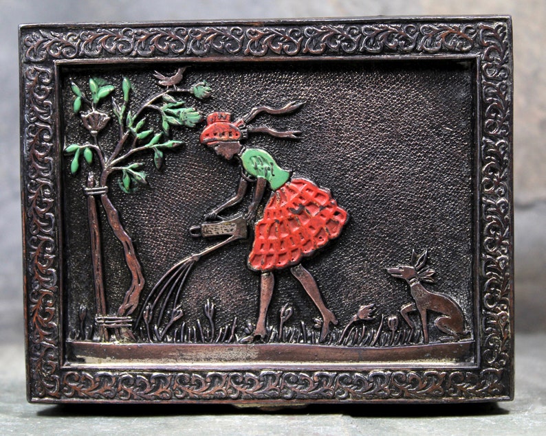 Japanese Metal Box with Wood Lining Made in Japan Girl in Garden Copper Plated Trinket Box Bixley Shop image 3