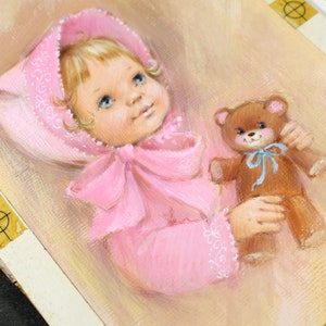 VERY RARE ORIGINAL Gouache Painting by Artist Fran Ju 1960s Original Rust Craft Greeting Card Art Baby in Pink with Teddy Bear image 9