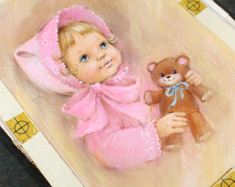 VERY RARE ORIGINAL Gouache Painting by Artist Fran Ju 1960s Original Rust Craft Greeting Card Art Baby in Pink with Teddy Bear image 9