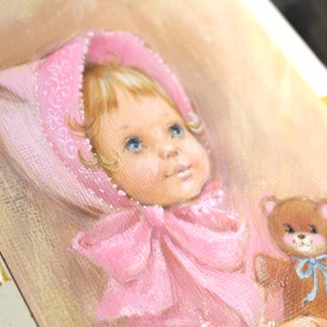 VERY RARE ORIGINAL Gouache Painting by Artist Fran Ju 1960s Original Rust Craft Greeting Card Art Baby in Pink with Teddy Bear image 1