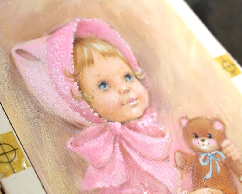 VERY RARE ORIGINAL Gouache Painting by Artist Fran Ju 1960s Original Rust Craft Greeting Card Art Baby in Pink with Teddy Bear image 1
