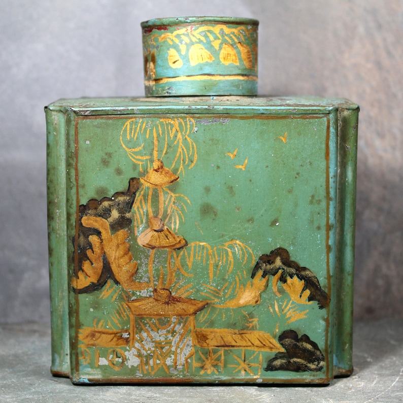 d Antique Chinese Tea Tin Green and Gold Tin with Cap Vintage Tin Bixley Shop zdjęcie 1