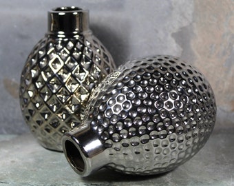 Silver Porcelain Textured Vases |  Two Options | Mod Glam Pineapple Style Vase | Golf Ball Texture Vase | Bixley Shop