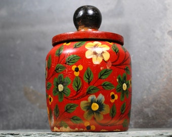 Vintage Red Wooden Trinket Jar | Made in India, Circa 1980s | Hand-Painted Floral Motif with Knobbed Lid | Bixley Shop