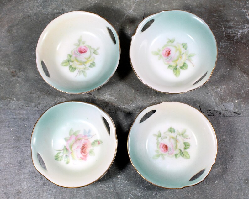 Set of 4 Prince Regent China Bavarian Porcelain Salt Dishes Antique German Porcelain Small Bowl Rose Dish Early 1900s Bixley Shop image 1