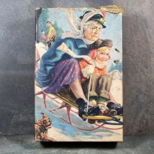 Zabytkowa potrójna gruba interlockingowa miniatura Tuco Puzzle | Sledding Grandma | 30-elementowa gruba tekturowa układanka | 7"x5 1/4" | Bixley Shop
