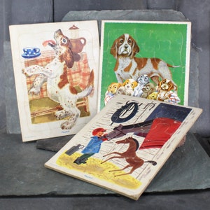 Zestaw 3 puzzli Vintage Playskool | Tekturowe układanki do łączenia w tekturowej ramce | Psy, konie, szczenięta | Bixley Shop