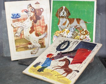 Set of 3 Vintage Playskool Puzzles | Cardboard Interlocking Puzzles in Cardboard Frame | Dogs, Horses, Puppies | Bixley Shop