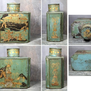 d Antique Chinese Tea Tin Green and Gold Tin with Cap Vintage Tin Bixley Shop zdjęcie 10