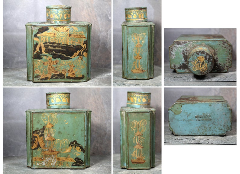 d Antique Chinese Tea Tin Green and Gold Tin with Cap Vintage Tin Bixley Shop zdjęcie 10