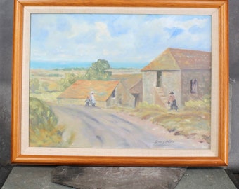 Original, Signed Oil Painting | Vintage Village Scene | Sally Weil Artist | 18x14" Framed Original Art | Seaside Pastoral | Bixley Shop