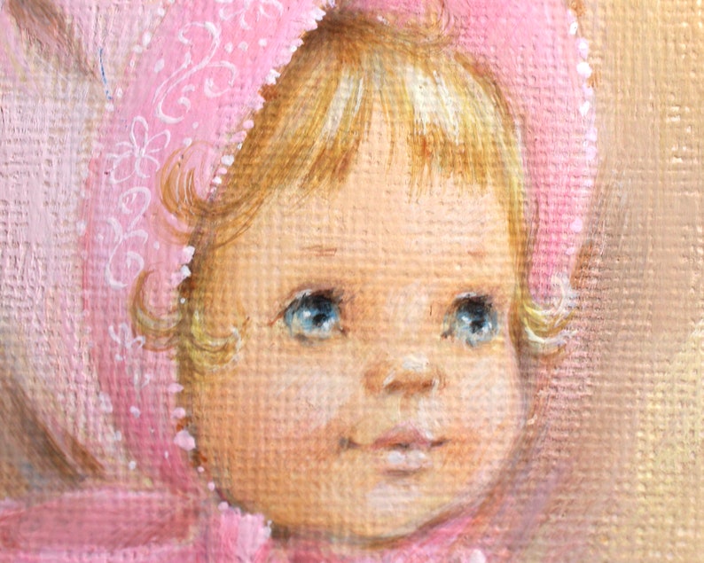 VERY RARE ORIGINAL Gouache Painting by Artist Fran Ju 1960s Original Rust Craft Greeting Card Art Baby in Pink with Teddy Bear image 6