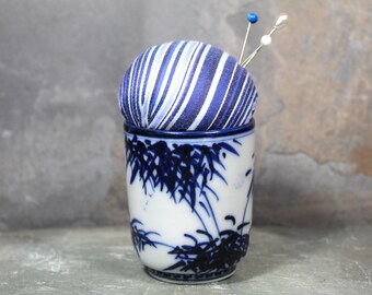 Beautiful, Asian Blue & White Vintage Ceramic Pin Cushion | Handmade by Bixley Shop