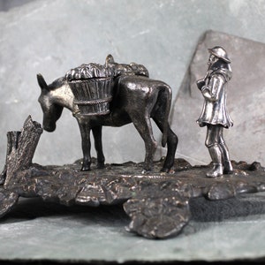 RARE Antique Inkwell Bronze & Silver Inkwell/Stand Mule Ink Well w/Silver Saddle and Market Goods Man Herding Donkey Silver Saddlebags image 7