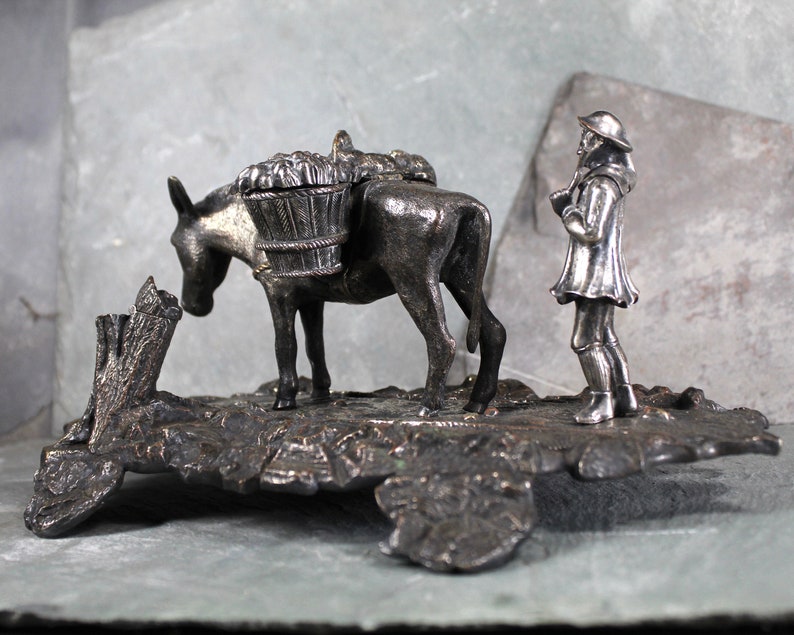 RARE Antique Inkwell Bronze & Silver Inkwell/Stand Mule Ink Well w/Silver Saddle and Market Goods Man Herding Donkey Silver Saddlebags image 7