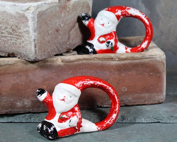 Pair of Vintage Santa Napkin Rings Circa 1950s Adorable Ceramic