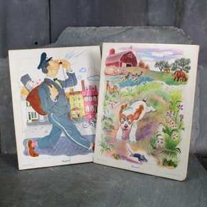 Zestaw 2 puzzli Vintage Playskool | Tekturowe puzzle do łączenia w tekturowej ramce | Listonosz i szczeniak na farmie | Bixley Shop