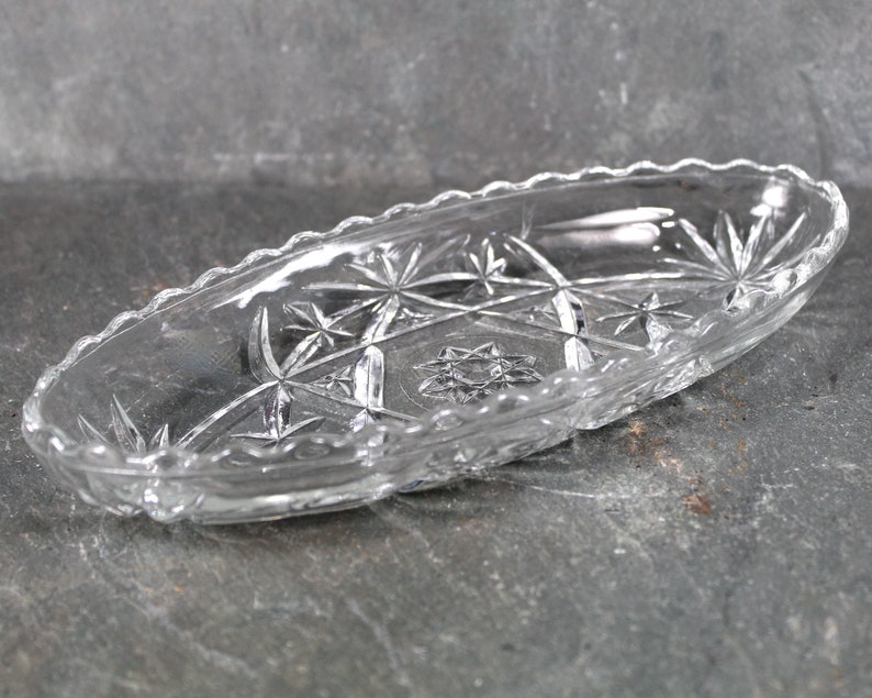 Anchor Hocking Clear Boat Glass Dish Candy/Relish Oblong Dish or Trinket Dish Pressed Glass Starburst Pattern Bixley Shop image 2