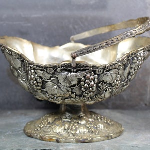 Vintage Ornate Silver-Toned Serving Dish with Handle Fruit Motif Circa 1950s D.T.CO 8103 Made in Japan Thanksgiving Bixley Shop image 3