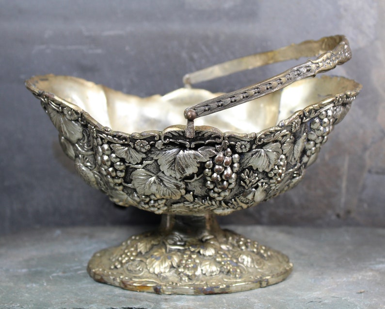 Vintage Ornate Silver-Toned Serving Dish with Handle Fruit Motif Circa 1950s D.T.CO 8103 Made in Japan Thanksgiving Bixley Shop image 3