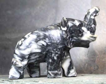 Hand Carved Stone Elephant | Collectible Stone Figurine | Carved Stone Lucky Elephant Black & White Stone | Bixley Shop