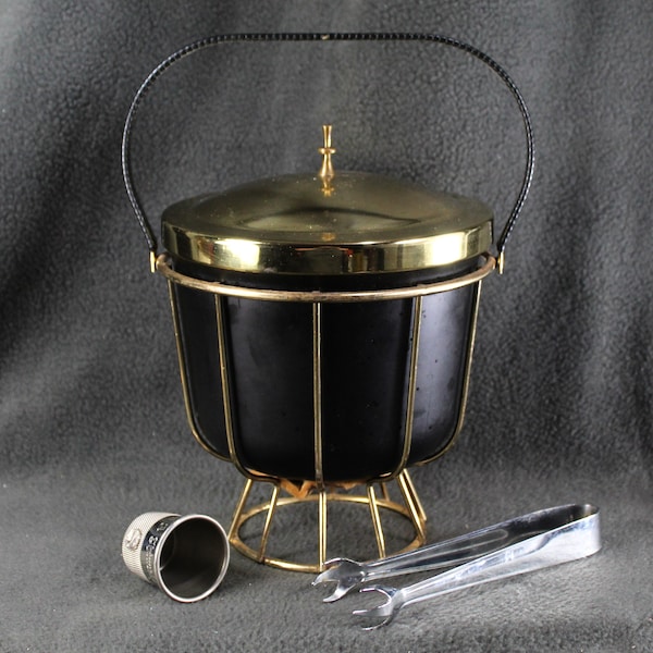 d Vintage Pyrex Ice  Ice Bucket on Gold Metal Stand | Ice Bucket with Ice Tongs & Shot Glass | Mid-Century Ice Bucket | Bixley Shop