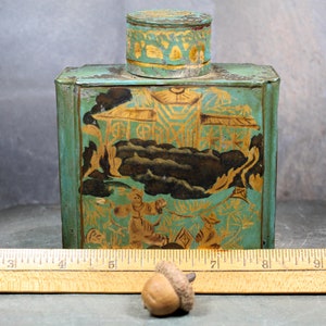 d Antique Chinese Tea Tin Green and Gold Tin with Cap Vintage Tin Bixley Shop zdjęcie 9