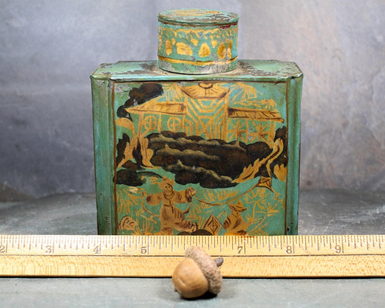 d Antique Chinese Tea Tin Green and Gold Tin with Cap Vintage Tin Bixley Shop zdjęcie 9